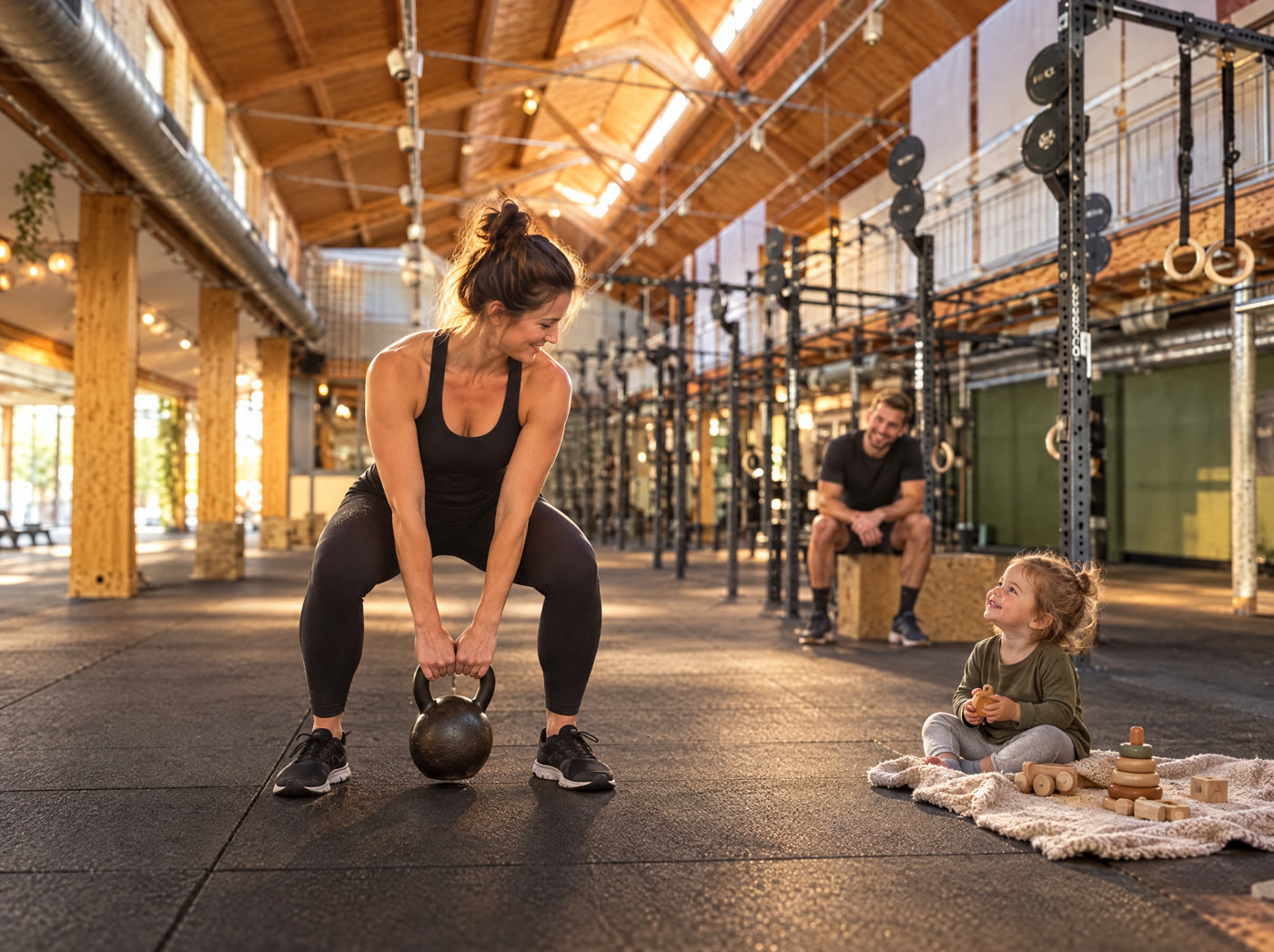 Eine Mutter trainiert mit der Kettlebell, ihr Kleinkind spielt daneben auf einer Decke
