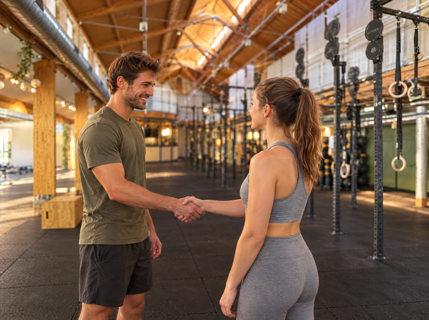 Ein Coach begrüßt eine neue Teilnehmerin mit Handschlag in der Halle von ZE3 CrossFit Backnang